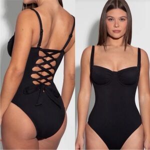 TA3 Sweetie Corset Sculpting One Piece Swimsuit Black Lace-Up Back NWT